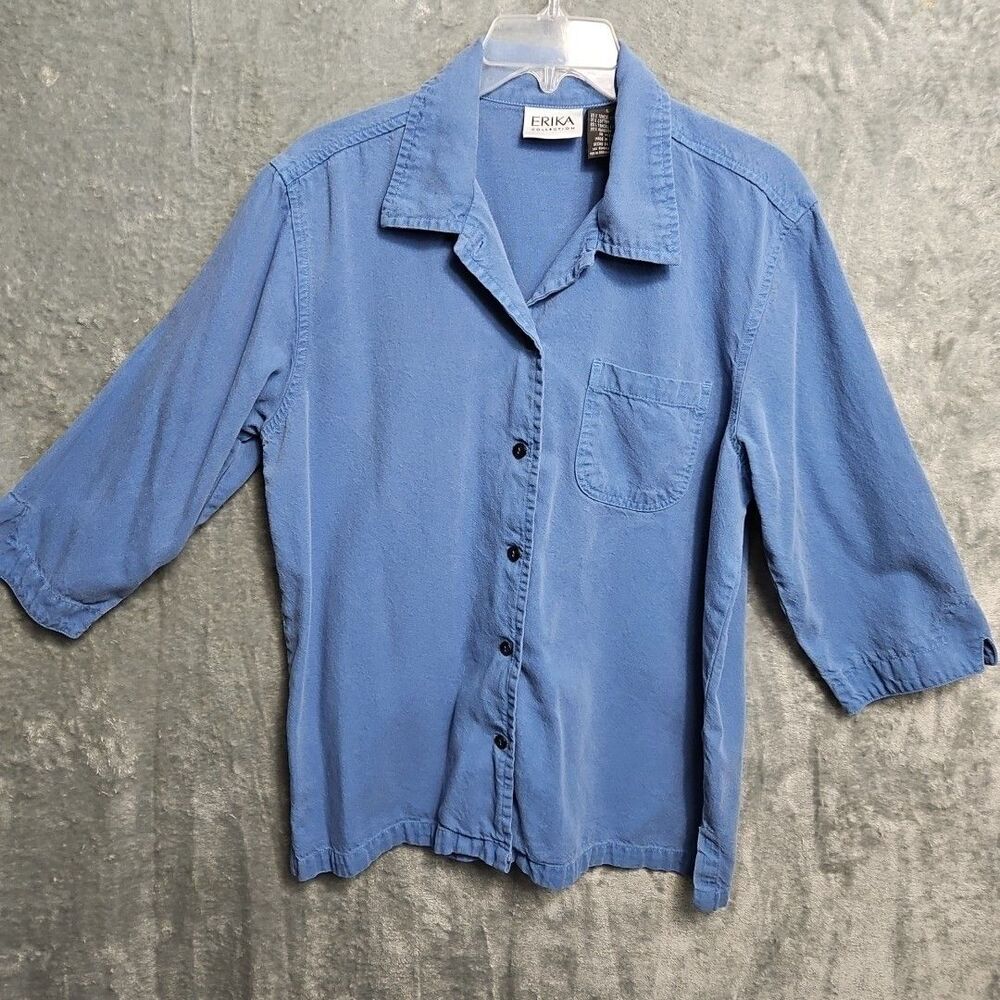 Erika Collection Women's Sz Lg Blue Blouse Vintage 3/4 sleeve cotton blend